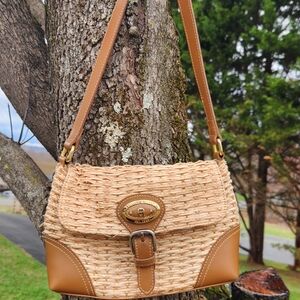 Vintage Etienne Aigner Natural Woven Shoulder Bag with Tan Leather Trim